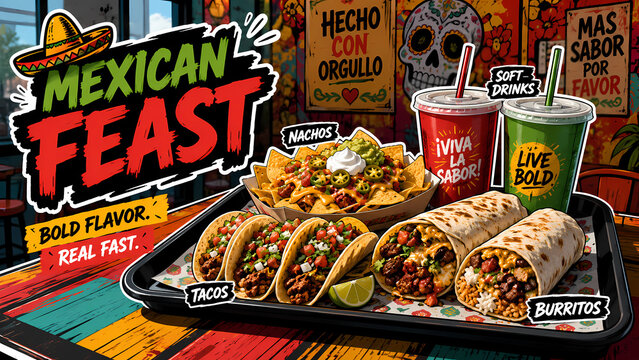 Mexican fast food loaded taco tray tacos and nachos beef burritos soft drinks colorful restaurant table Tex Mex feast cuisine meal party platter
