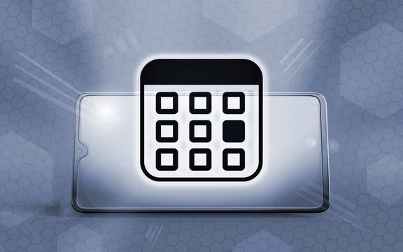 Representaci&oacute;n 3D de un tel&eacute;fono inteligente moderno con un icono de calendario digital brillante sobre la pantalla t&aacute;ctil, simbolizando gesti&oacute;n del tiempo, organizaci&oacute;n y tecnolog&iacute;a m&oacute;vil.
