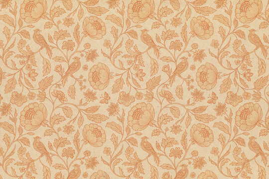 Vintage Chintz Botanical Wallpaper Mural, Floral Peony Songbird Pattern, Victorian Garden Illustration, Decorative Textile Fabric Background Banner, Antique Beige Craft Paper Design Scrapbook Texture