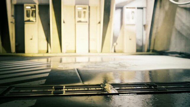 Sunlit concourse floor minimalist urban interior, warm directional light casts long highlights across tiles and drainage channels, serene empty scene evokes
