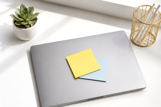 Laptop with sticky notes on white table