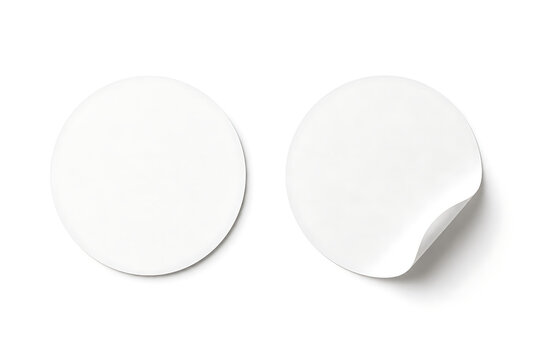 Minimalist white round sticker mockups, circular adhesive paper labels with curled edge, blank matte vinyl decal set for branding and packaging isolated on White Background ai