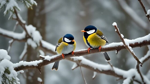 Colorful birds perched on a snowy tree branch in winter.