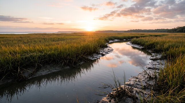 Restored coastal salt marsh illustrating blue carbon storage, shoreline protection, and climate resilience for ESG reports, conservation projects, and sustainability communication.