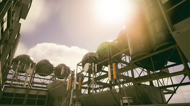Sunlit metal tanks and scaffolding gleam under warm backlight, hazy sky, highcontrast shadows, maintenance walkways and grated platforms, cinematic lens flare,