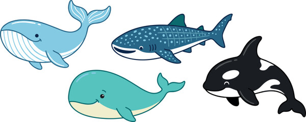 Cute cartoon whale and shark vector illustration set featuring blue whale humpback killer whale orca and whale shark isolated on white background © MstBizly