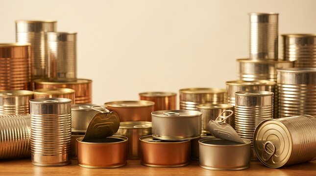 A collection of many ring-pull cans also known as tin cans with a focus on the foreground for a food concept collection many ring-pull cans tin cans focus foreground food concept metal aluminum