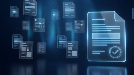 Fototapeta premium Glowing digital document management system with holographic files