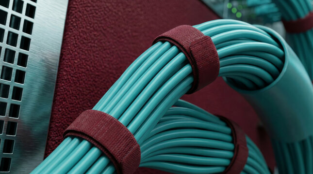 Teal network cables with velcro ties, organized ethernet wiring in server room, professional data center cable management, industrial telecommunications hardware