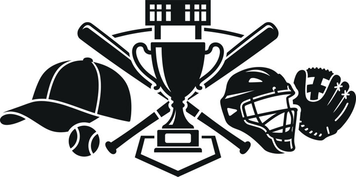 baseball scoreboard with strikeout and equipment on trophy illustration