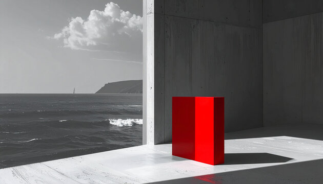 Minimal Red Door in Monochrome Room