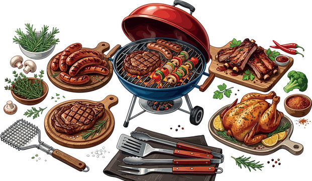 Barbecue grill food vector set with grilled steak ribs roasted chicken sausages and utensils isolated on white background for summer backyard party design