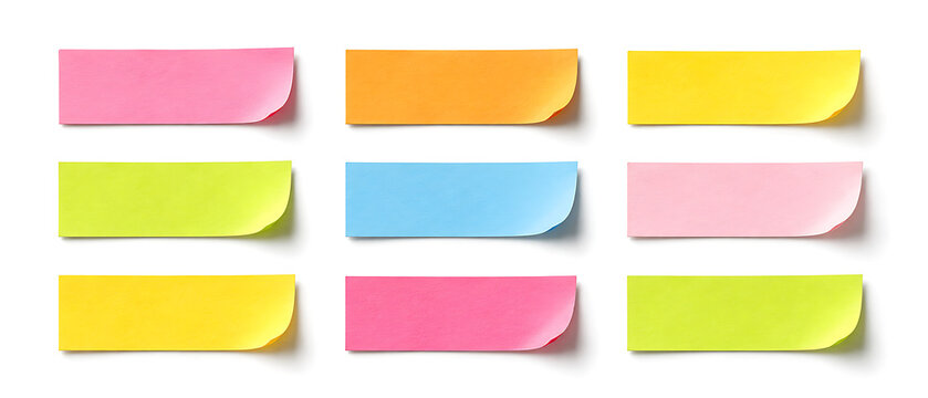 Colorful sticky notes set with curled edges, vibrant paper adhesive bookmarks for office organization, 9 multi-colored memo pads for reminders isolated on White Background ai