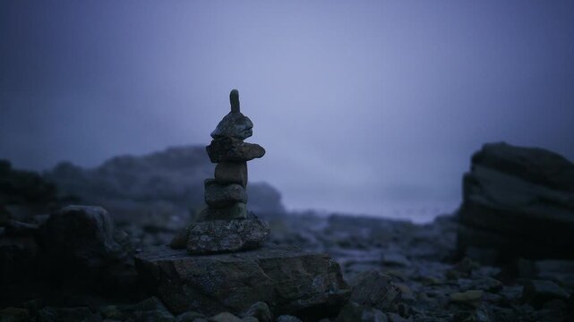Misty rocky marker. Calm stone on foggy coast. Silent cairn amidst dense fog and ocean. Misty outcrop with solitary cairn overlooking peaceful sea