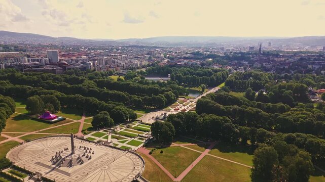 Aerial view of Vigeland Park with its iconic monolith sculpture and manicured gardens in Oslo, Oslo, Norway.