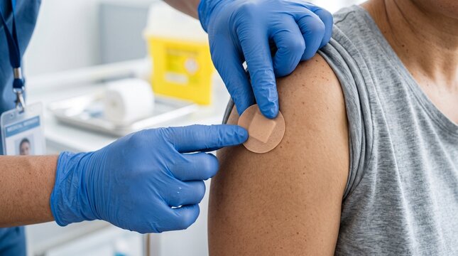 Healthcare worker placing adhesive bandage on patient arm after vaccination for immunization campaign