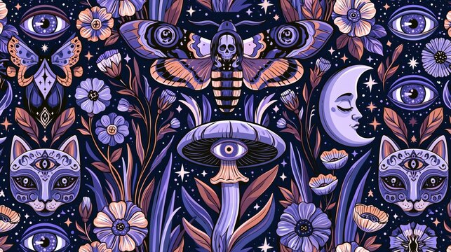 Dark Whimsical Seamless Pattern with Cat Skull, Mushrooms and Floral Eye Elements Gothic Style