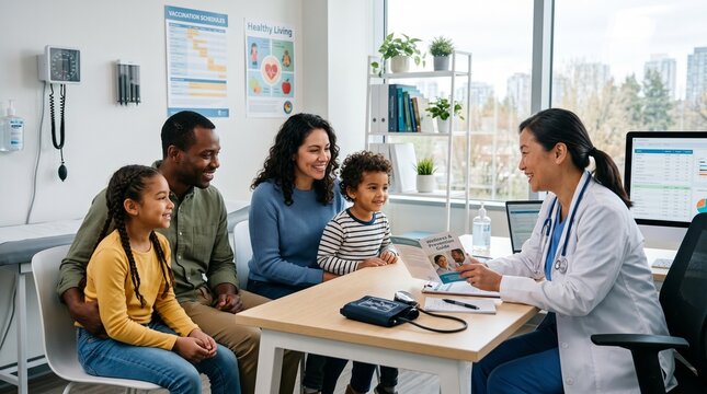 Diverse family visiting female pediatrician for medical consultation and preventative healthcare in modern clinic