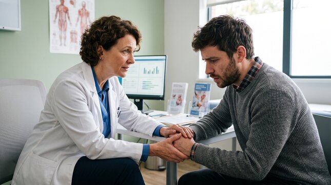 Compassionate female doctor reassuring worried male patient during medical consultation in clinic office