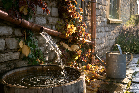 Rain water arcing from a copper downpipe into an oak water barrel