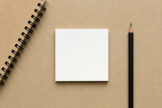 Minimalist blank white note paper mockup, brown kraft spiral notebook and black pencil, clean office stationery flat lay for branding isolated on White Background ai