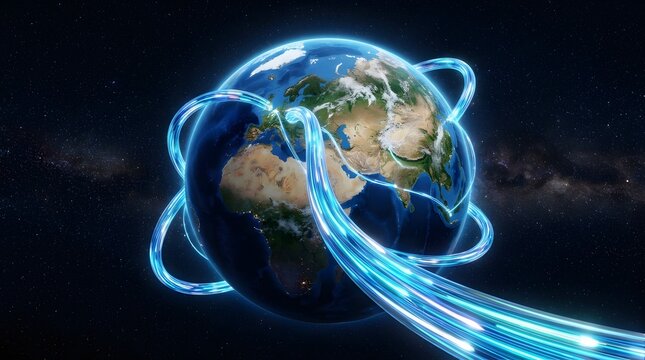 Global digital network connection with fiber optic cables around earth in space