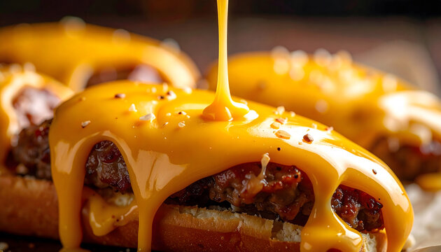 Melted cheese dripping on fast food close up showing creamy texture and indulgent flavor appeal