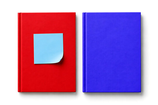 Minimalist hardcover books in red and blue, blank book covers with adhesive sticky note, professional stationery mockup for publishing and education isolated on White Background ai