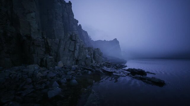 Foggy cliff shoreline at blue hour, towering basalt faces meet mirrorlike tide pools, soft mist blurring horizon, cool cinematic tones, grainy texture evokes
