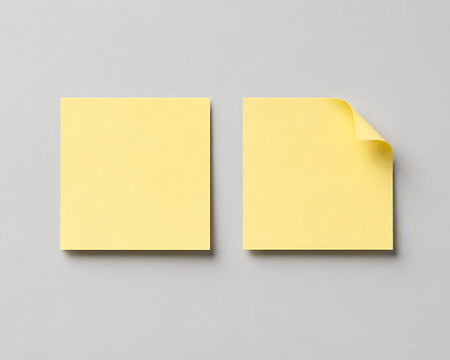 Yellow sticky notes, blank adhesive paper pads for office reminders, minimalist stationery mockup with curled corner isolated on White Background ai