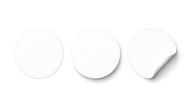 Minimalist white round stickers set, blank circular adhesive labels with curled edge, realistic paper decal mockups for branding and packaging isolated on White Background ai