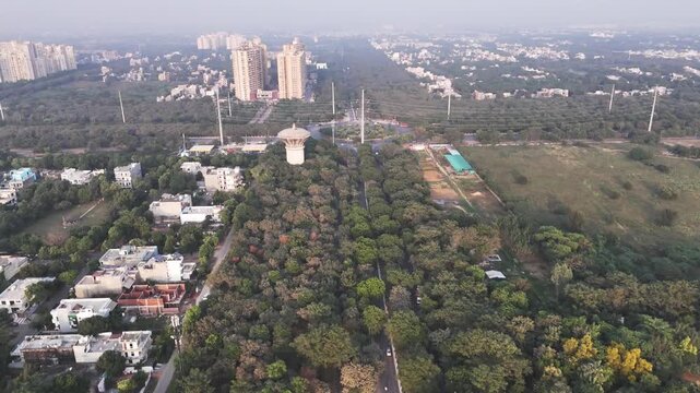 Aerial view of the lush green urban landscape and residential buildings in Greater Noida, Uttar Pradesh, India.
