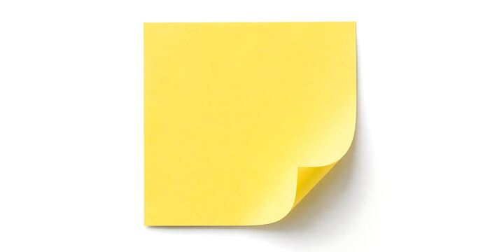 Yellow sticky note with curled corner, blank adhesive paper for office reminders, square memo pad sheet for business organization isolated on White Background ai
