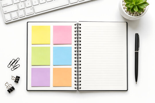 Minimalist spiral notebook with colorful sticky notes, professional office desk workspace, blank lined journal for planning and productivity isolated on White Background ai