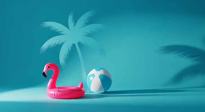 Summer Tropical Beach Background with Flamingo Float and Beach Ball