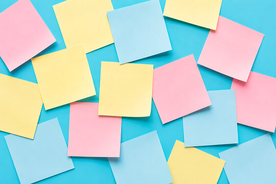 Colorful sticky notes, pastel adhesive paper reminders for office organization, blank square memo pads for brainstorming and planning isolated on White Background ai