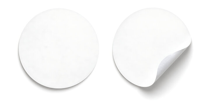 White round adhesive stickers, blank circular paper labels with curled edge, realistic matte decal mockups for branding and packaging isolated on White Background ai