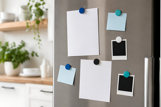 Modern refrigerator door with blank paper notes and magnets, stainless steel fridge mockup with empty reminders, kitchen interior with message board isolated on White Background ai