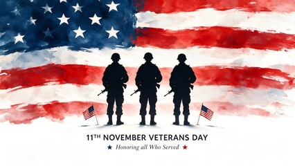 Obraz premium Silhouetted soldiers standing in formation before a painted watercolor American flag to honor national heroes on Veterans Day with somber patriotic reverence and respectful artistic style