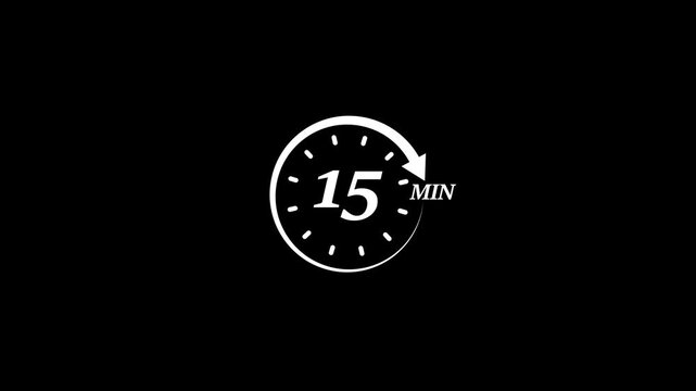 Timer 15 minutes countdown clock animation white on black background