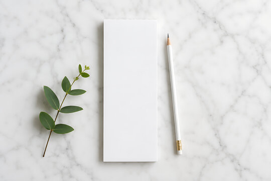 Minimalist white notepad mockup on marble surface, blank paper stationery with pencil and eucalyptus leaf, elegant office desk flat lay isolated on White Background ai