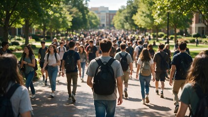 Obraz premium Diverse students walking along sunlit campus pathway with green trees during bright afternoon session wearing casual clothing and carrying backpacks for their daily college academic activities
