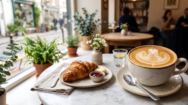 Cafe table setting with fresh croissant and latte art coffee, croissant