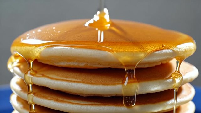 Stack of fluffy pancakes with golden syrup drizzling down the sides, showcasing a delicious breakfast scene with a blue plate in the background