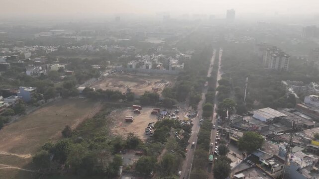 Aerial view of the urban landscape and road network in Greater Noida, Uttar Pradesh, India.