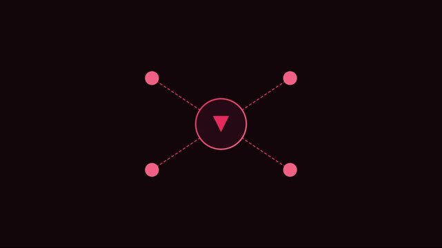 Minimalist digital network connection with pulsing central node and four expanding data points on dark animation 4k background
