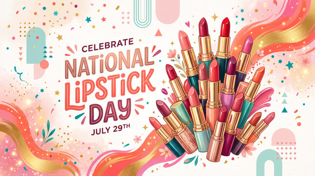 Colorful lipsticks showcased with festive confetti, celebrating National Lipstick Day, symbolizing beauty, glamour, and self-expression