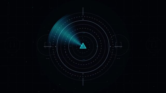 digital radar screen display showing concentric circles and a triangular target in blue and teal tones, futuristic HUD interface