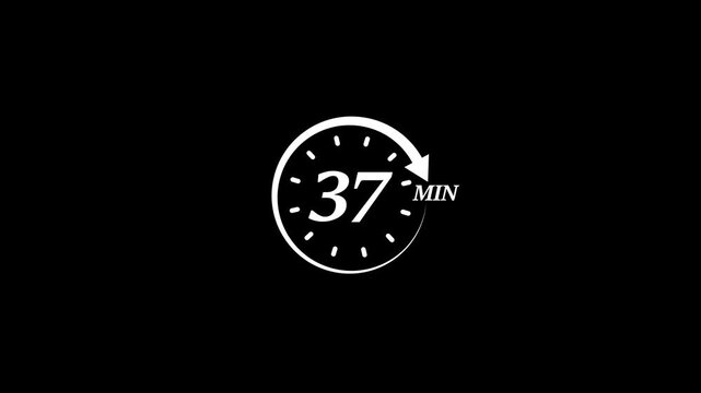 Timer 37 minutes countdown clock animation white on black background