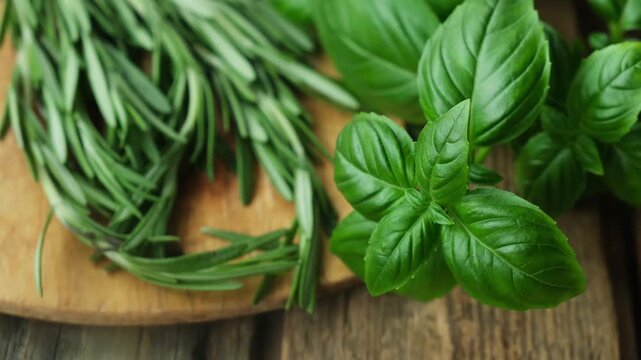 Basil leaves and rosemary sprigs on wooden board. Fresh herbs background, seasoning.